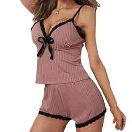 跨境欧美性感露胸吊带深V蕾丝女士睡衣Pajamas家居服套装厂家直发