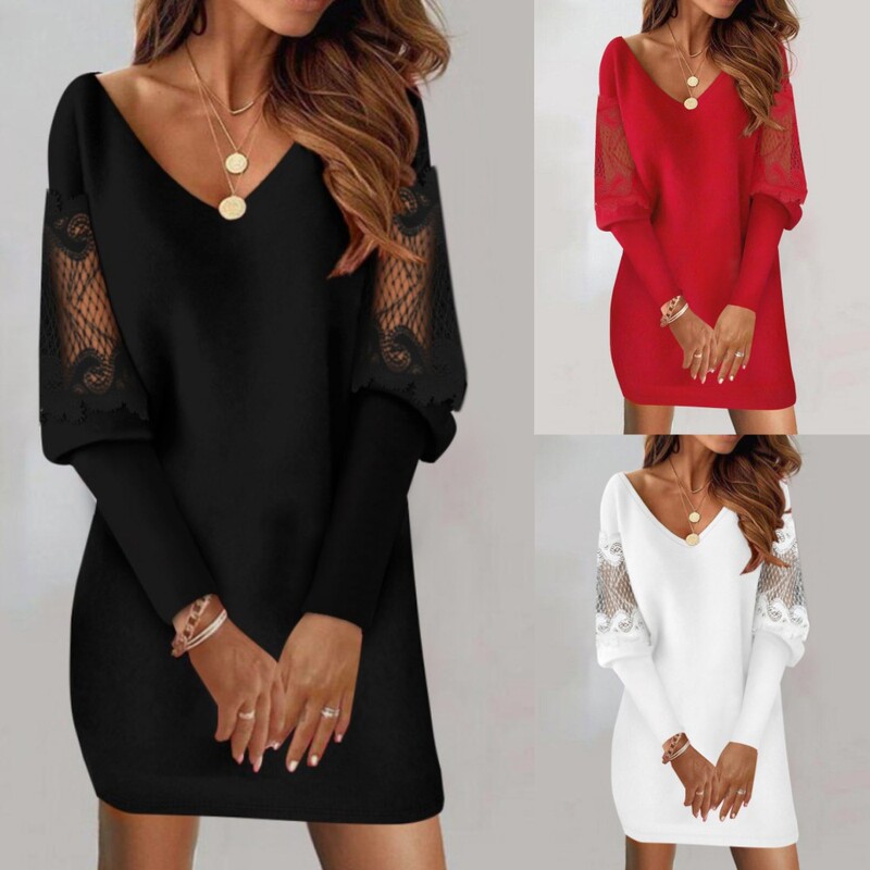 2023 Amazon wish AliExpress popular autumn new v-neck long sleeve printed lace stitching dress women 2023 Amazon wish AliExpress popular autumn new v-neck long sleeve printed lace stitching dress women