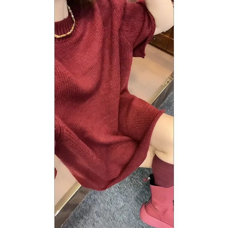 Loose-Fit Round-Neck Solid Color Knit For Women, European Style 2025 Spring New Fashionable Casual Short Dress_ecoleips.com