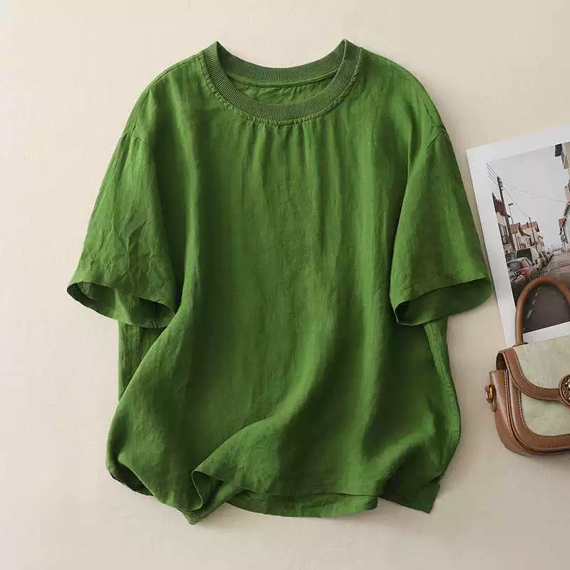 Ретро футболка с коротким рукавом, хлопок и лен, стиль leisure, размеры M–2XL
