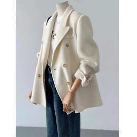 秋冬季2025新款富家千金小香风高端气质白色毛呢西装外套女小个子