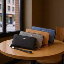 新款男士长款钱包跨境大容量高级感商务软钱夹复古拉链零钱手拿包