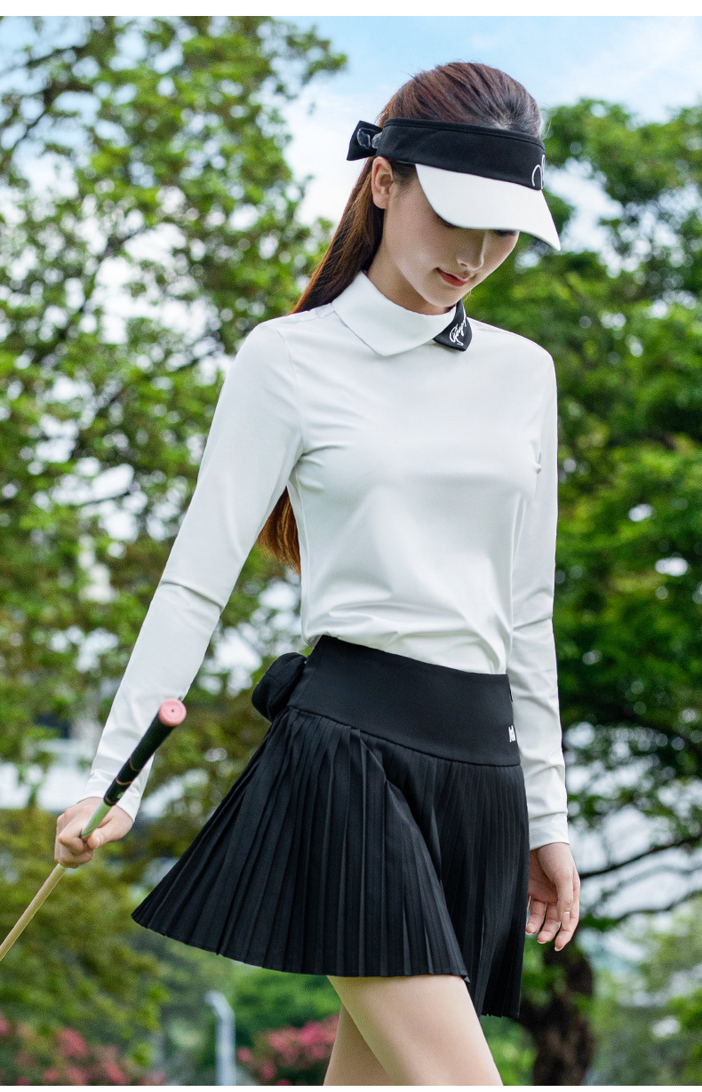 Áo lớp lót golf nữ tay dài cổ phối màu, thoáng khí thấm mồ hôi — Tay áo dài màu xanh nhạt [thoáng khí và thấm mồ hôi/dây kéo sau/cổ áo chặn màu bất đối xứng] YF841 chi tiết 13