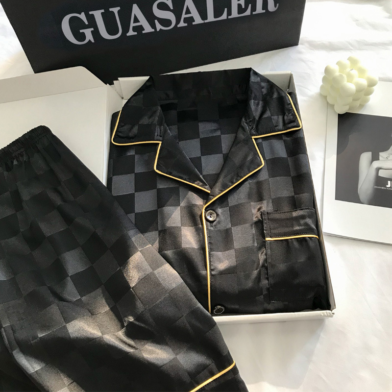 Pijamas de mujer de verano de seda de hielo de manga corta delgada de seda real de alto grado pata de gallo desgaste del hogar traje de hombre