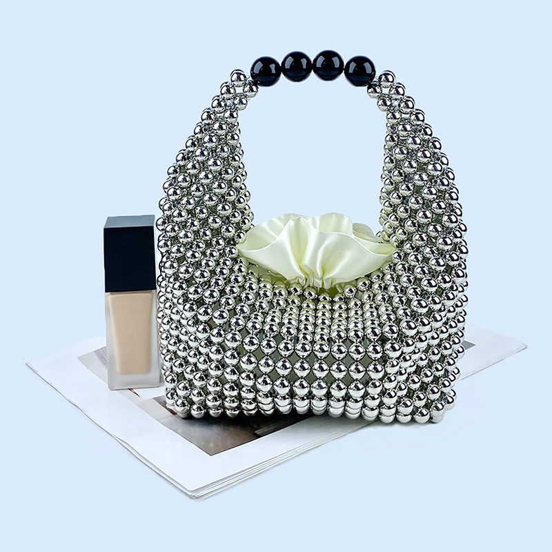 412g Weight Polyester Lining Material Beading Fashion Element String Closure Type Top Handle Strap Type Bucket Bag Bags Type Daily, Street, Shopping Occasion Plastic Material New Year Festival Solid Color Pattern All Seasons Season Women's Gender Elegant, Streetwear Style Pillow Shape Shape Small Size Women's Small Plastic Solid Color Elegant Streetwear Beading Pillow Shape String Bucket Bag 15