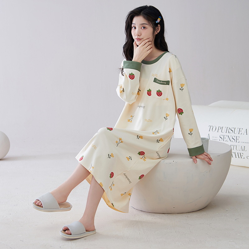 [Customized] pijama con cojín de pecho de primavera y otoño de algodón vestido de mangas largas de fresas dulce vestido de algodón vestido para el hogar