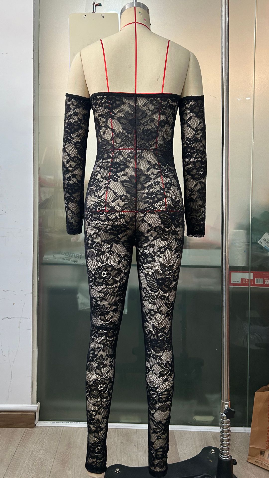 Sexy See through Wrapped Chest Long Sleeve Lace off Shoulder Tube Top Tight Jumpsuit