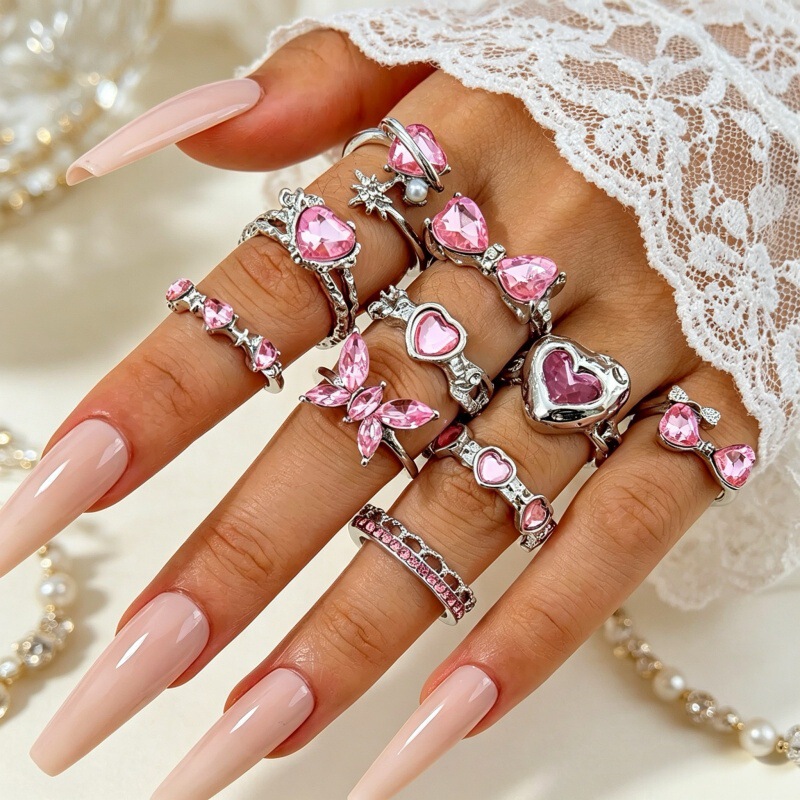European and American cross-border best-selling jewelry, niche design pink heart butterfly ring, fashionable and elegant women's accessory