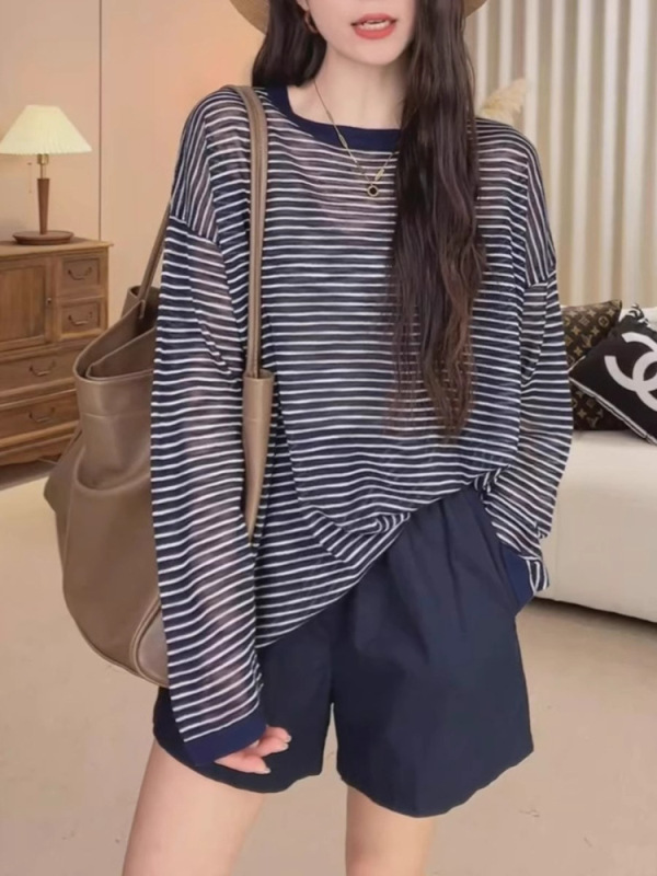 慵懒风蓝色条纹长袖t恤女夏季薄款宽松休闲冰丝防晒罩衫外搭上衣|undefined