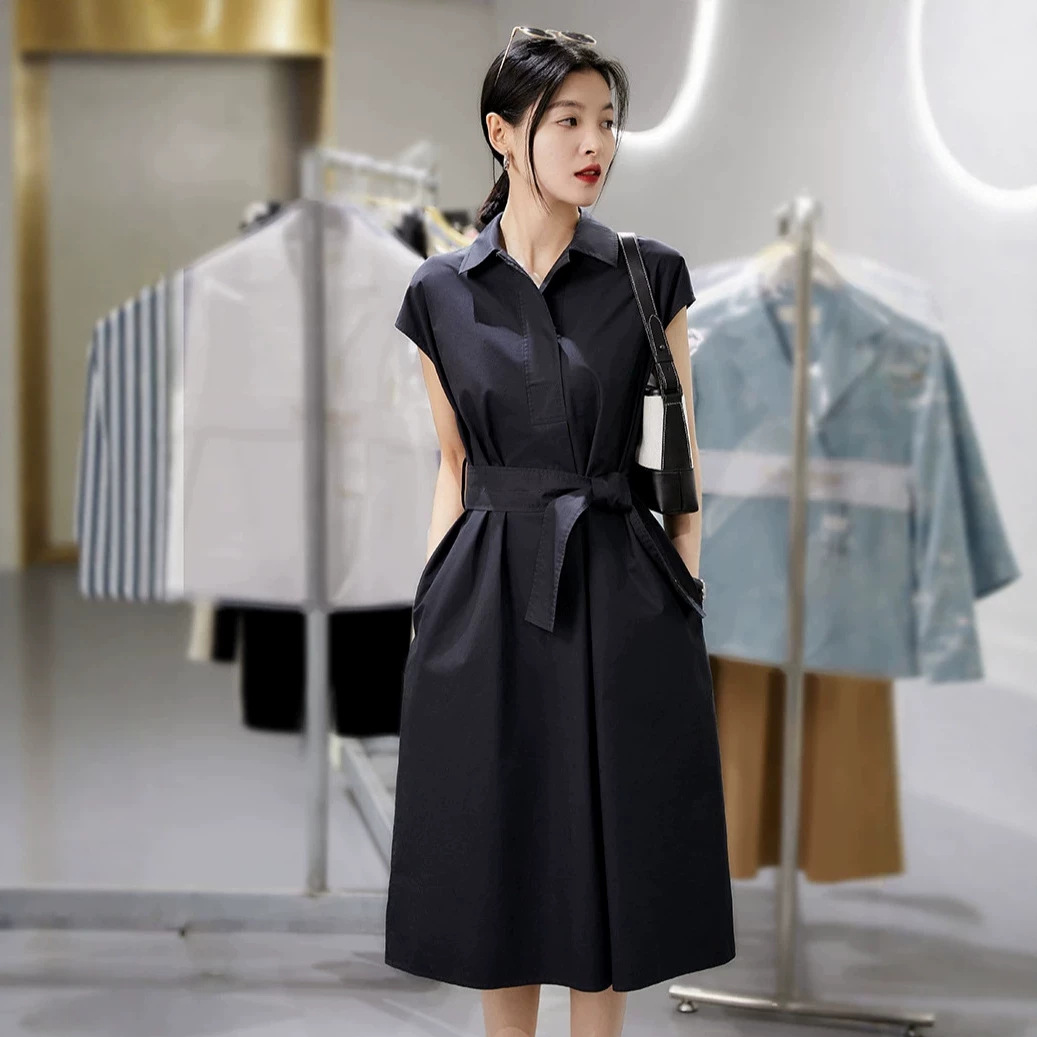 Đầm suông midi cổ polo tay ngắn phong cách Pháp — đen chi tiết 2