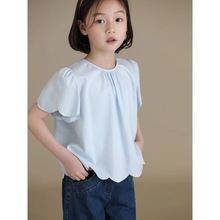 2024夏季新品童装女童亲子款日系纯色花朵纯棉短袖上衣圆领小衬衫