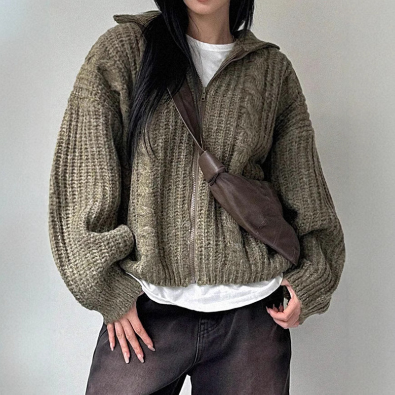 Cross-Border Autumn and Winter Thick Twist Double-Ended Zipper Long-Sleeved Turtleneck Cardigan Sweater Jacket European and American Style