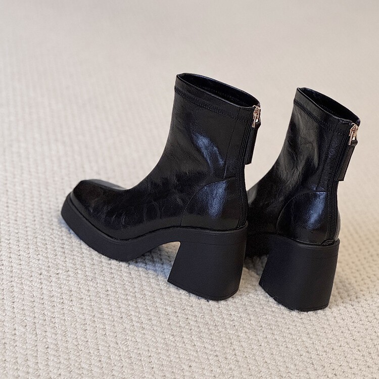 [in Stock] Height-Increasing Thick-Soled Short Boots for Women, High Heels for Petite Figures, Chunky Heel Martin Boots, French Square-Toe Slim Boots