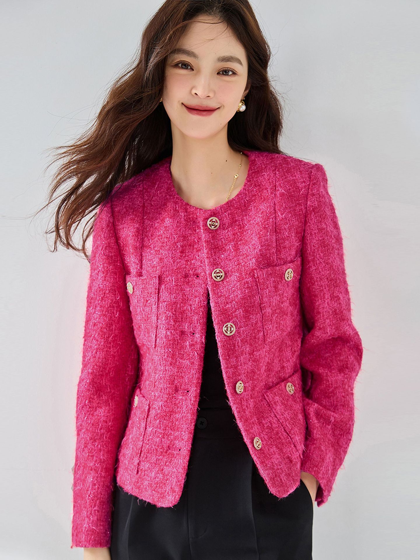 Chaqueta Corta de Estilo Elegante para Mujer de Poliéster con Cuello Redondo