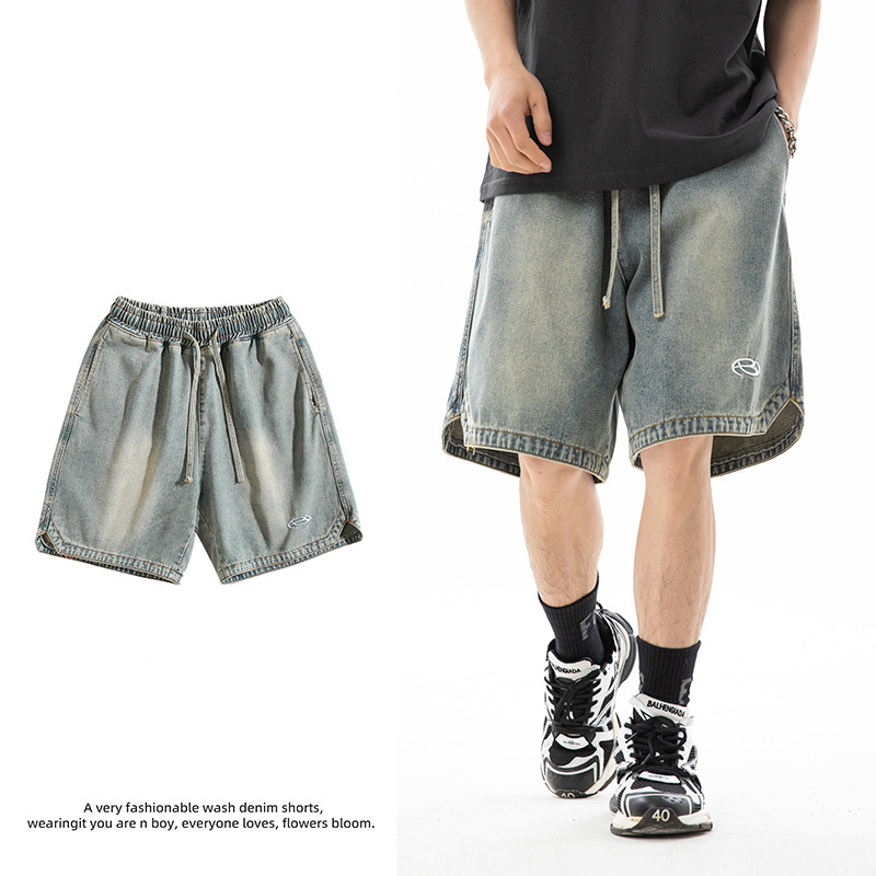 Korean Lu Men's Denim Shorts with Triangular Slit Hem Design Men's Summer New Trendy Embroidered Loose Five-Fifth Pants