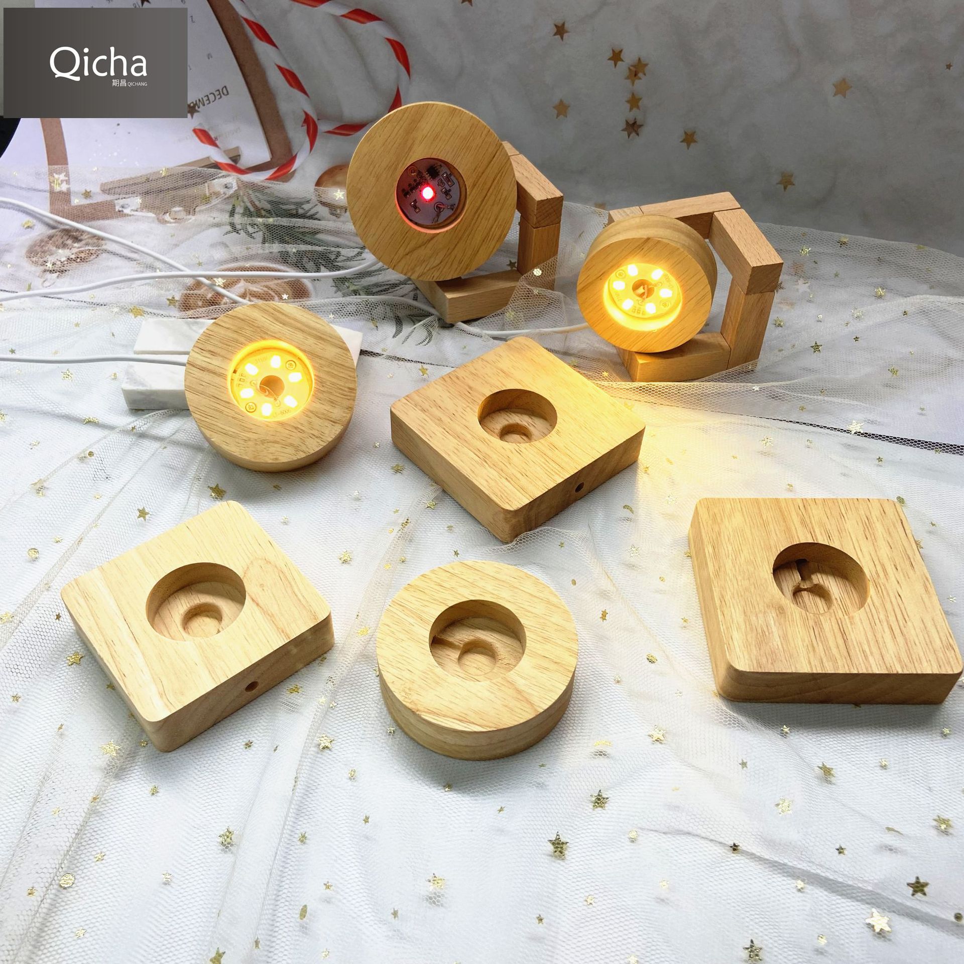 Kauçuk ahşap aydınlık kristal taban USB arayüzü 5V anahtarı aydınlık taban gece lambası masif ahşap yuvarlak lamba tutucu