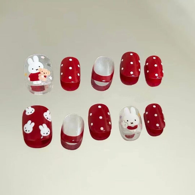 Red rabbit polka dot French-style press-on nails, retro cute niche design, new popular fake nail patches