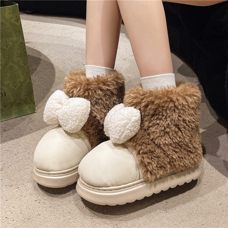 Zapatillas de algodón con tacón de suela gruesa para mujer 2024 nuevas zapatillas de cuero PU para el hogar en invierno más zapatos de algodón de caña alta cálidos de terciopelo image 7