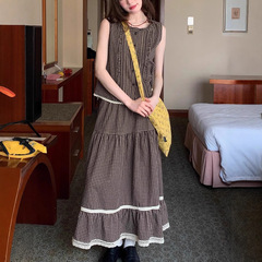 甜美宽松少女感蕾丝花边套装夏季女格纹背心半身裙两件套