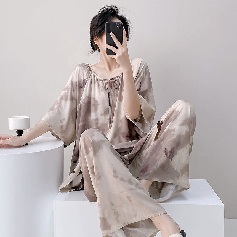 2025 新しい女の子甘い春綿シルクパジャマ女性の長袖ズボン大きいサイズツーピーススーツホームウェアセット|undefined