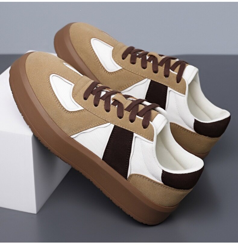 Giày sneaker nam cổ thấp phối màu, mũi tròn, đế cao su, thoáng khí, dây buộc — Màu lạc đà, Màu trắng chi tiết 15