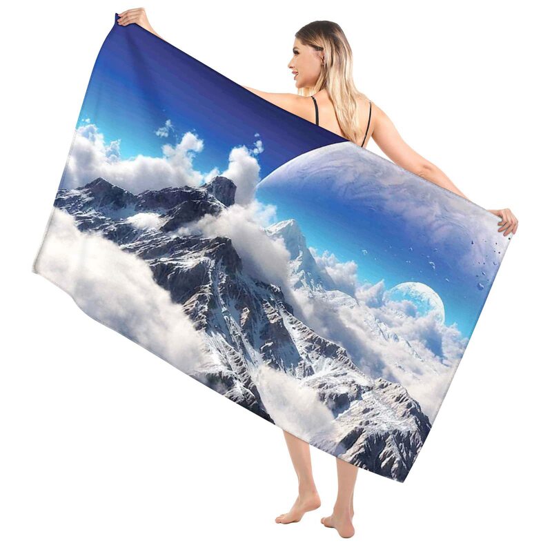 Dreamy Microfiber Beach Towel, Snow Mountain and Earth Satellite Design, Quick-Drying, Water-Absorbent, Lightweight, Large Towel for Bathroom and Beach