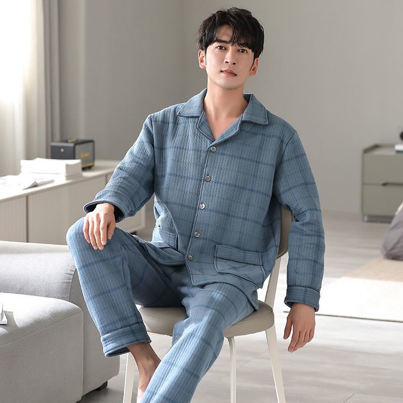 Cardigan de hombre engrosado primavera y otoño conjunto de pijamas de manga larga invierno delgado algodón intercalado otoño y invierno ropa para el hogar