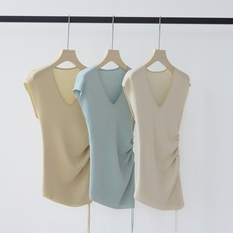 Lyocell Tencel Design Niche Asymmetrical Knitted Short-Sleeved T-Shirt for Women Summer New Slim Fit Top