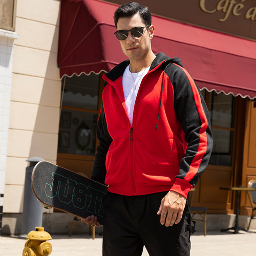 Autumn/Winter Color Blocking Zip-Up Hooded Sweatshirt Vintage Plus Size Loose Casual Velvety Top