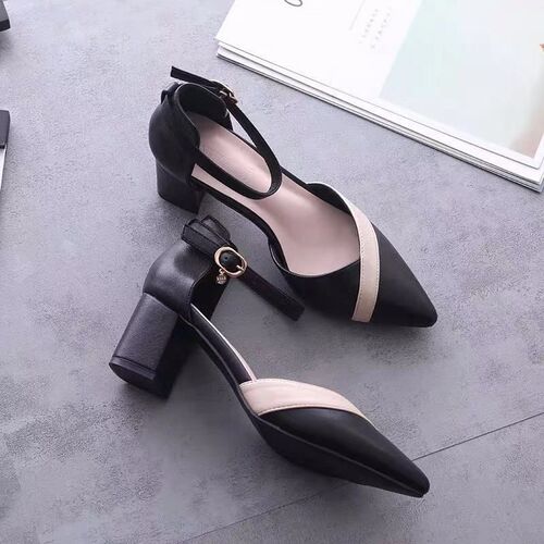 Women's  New Korean Style Spring Summer Flat Sandals with One Strap, Thick Heel, Medium Height, Versatile Color Block Pointed Toe High Heels