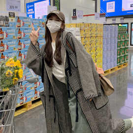 法式复古连帽针织开衫外套中长款秋冬新款宽松慵懒风休闲毛衣女潮