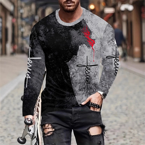 TEMU Autumn Clothing European Size Gradient Retro 3D Digital Printed Men's Long Sleeve Crew Neck Pullover T-Shirt