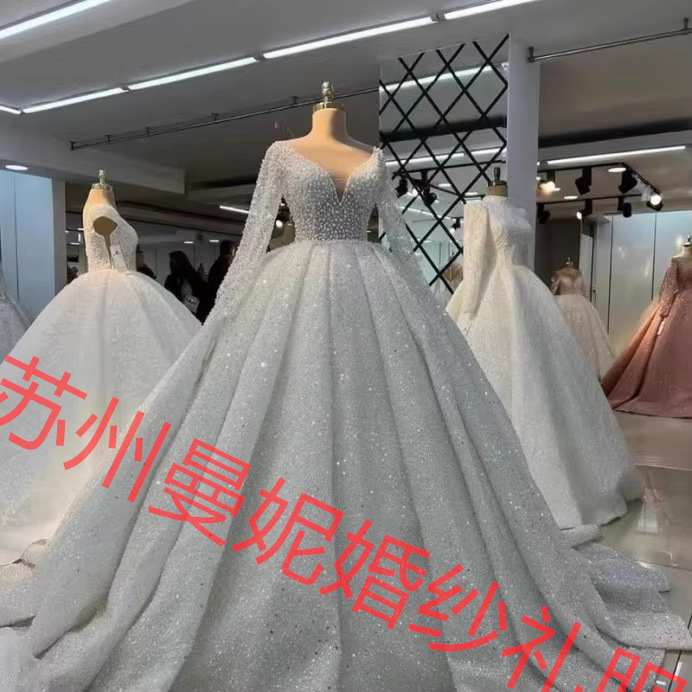 New Foreign Trade Wedding Dress African Cross-Border Bride Wedding Deep V-Neck Vintage Long-Sleeve Beaded Lace Wedding Dress New Foreign Trade Wedding Dress African Cross-Border Bride Wedding Deep V-Neck Vintage Long-Sleeve Beaded Lace Wedding Dress