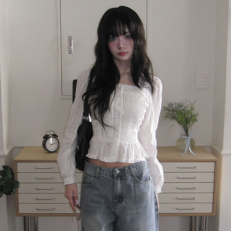 In Stock Korean-Style Retro Lace Trim Square-Neck Waist-Cinching Long-Sleeve Shirt for Women, Spring Season Puff Sleeve Design Top
