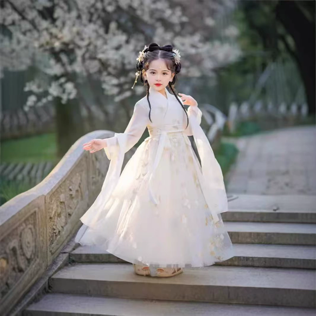 Hanfu Girла Super Fairy 2024 Новый ребенок Вэй Цзиньфэн белый костюм костюмирование костюма весенне-осеннее платье