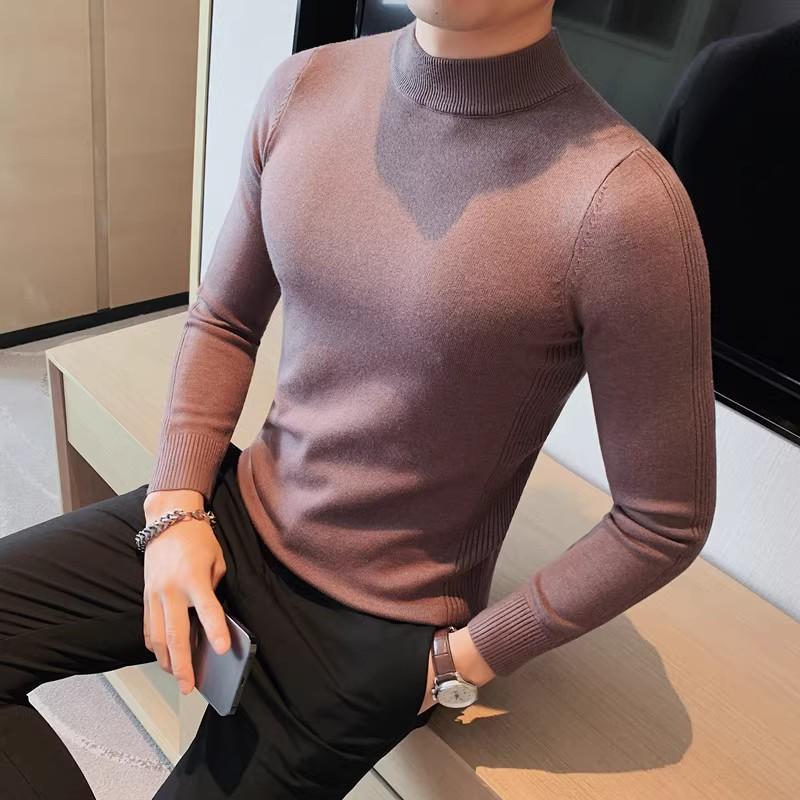 Comercio exterior al por mayor de los hombres a principios de otoño Delgado elástico suéter de Cuello medio SLIM-Fit suéter de rayas de manga de fondo de color sólido