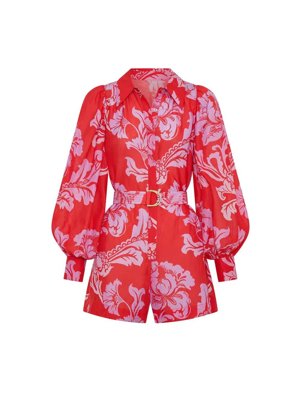 Red Boho Print Long Sleeve Romper