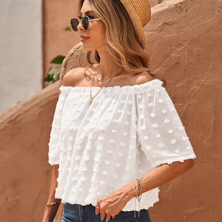 2022 European and American New Women's Chiffon Shirt Short-sleeved pom Chiffon Top Women's Cross-Border