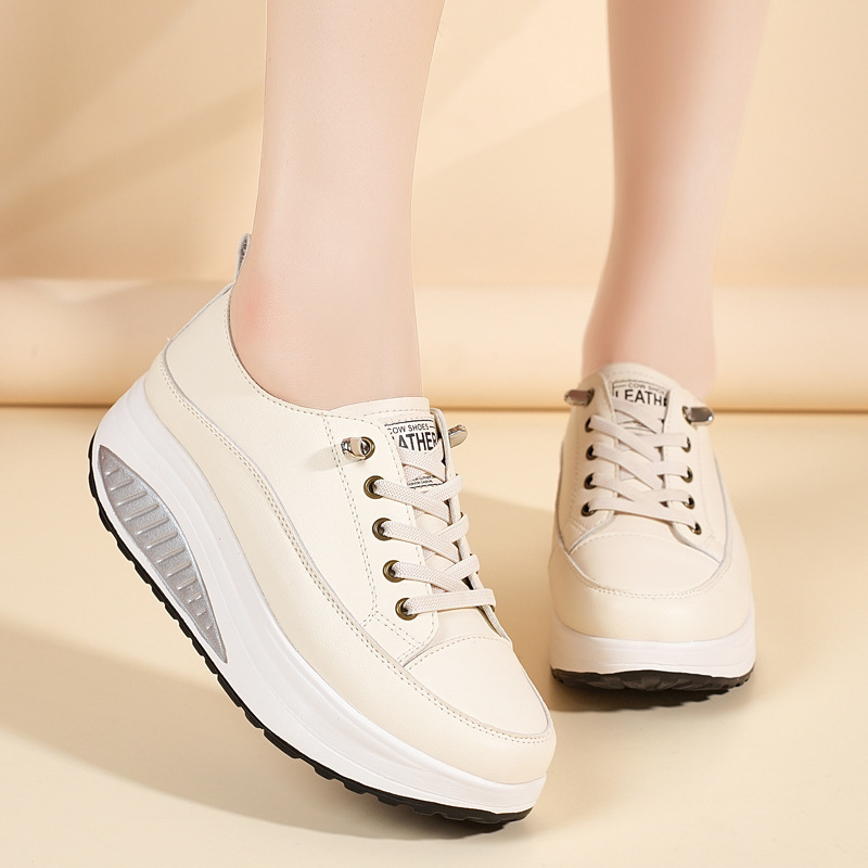 Genuine Leather New Rocking Shoes White Sneakers Nurse Women's Shoes Thick-Soled Wedge-Heeled Platform Shoes Women's Versatile Single Shoes Sneakers