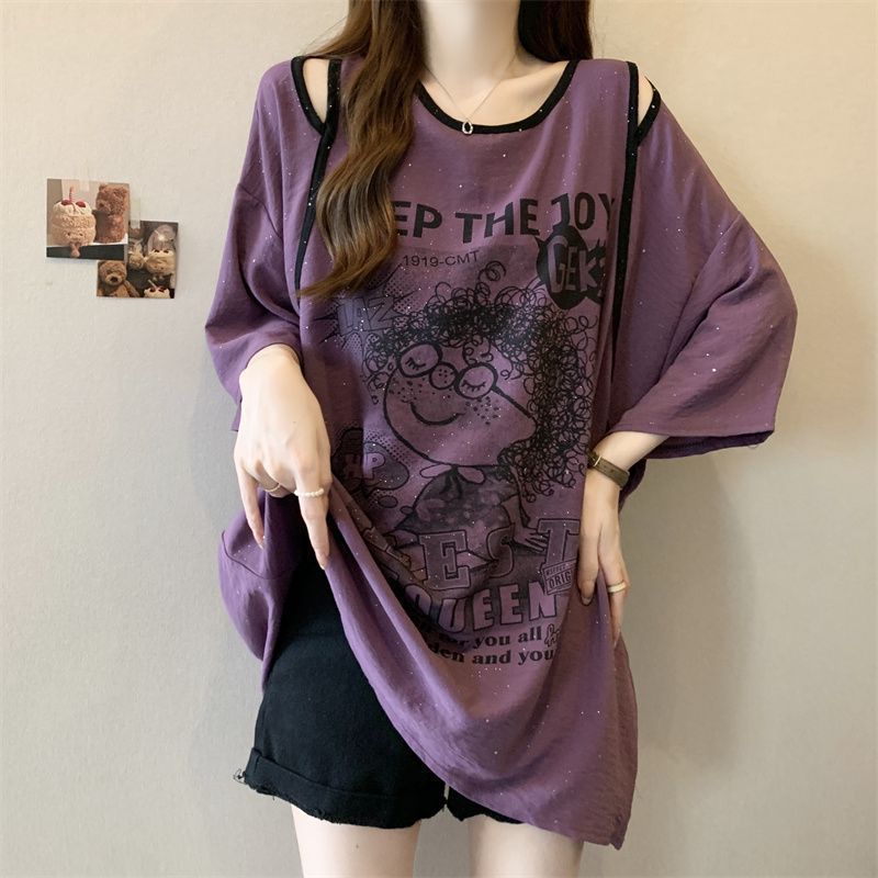 Camiseta de manga corta de longitud media sin tirantes de gran tamaño para mujer verano nuevo estilo suelto y delgado diseño elegante brillante top image 7