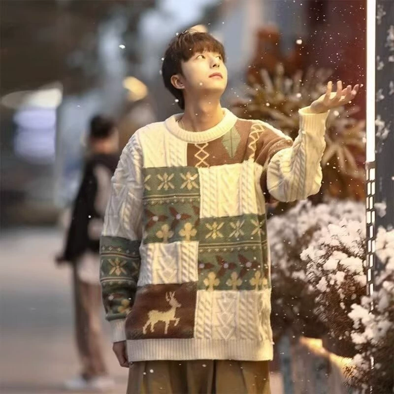 Осенний и зимний толстый свитер мужской корейский тренд свободный японский трикотаж зимний ins гонконгский ветер ленивый свитер
