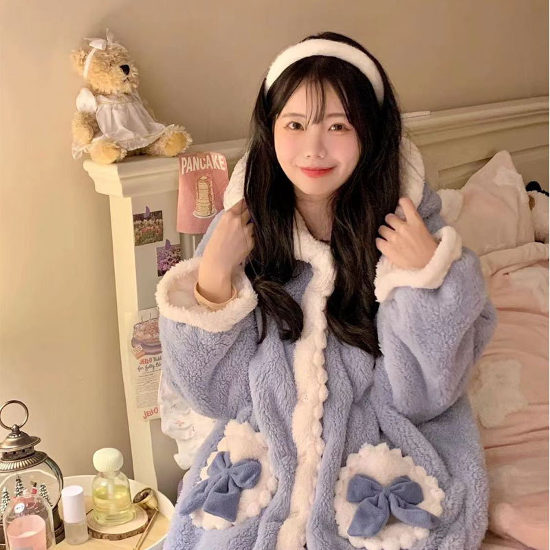 엘사 공주 가을과 겨울 잠옷 여성용 산호 양털 나이트가운 플러스 벨벳 두꺼워진 귀여운 아우터 웨어 겨울 홈 의류 정장