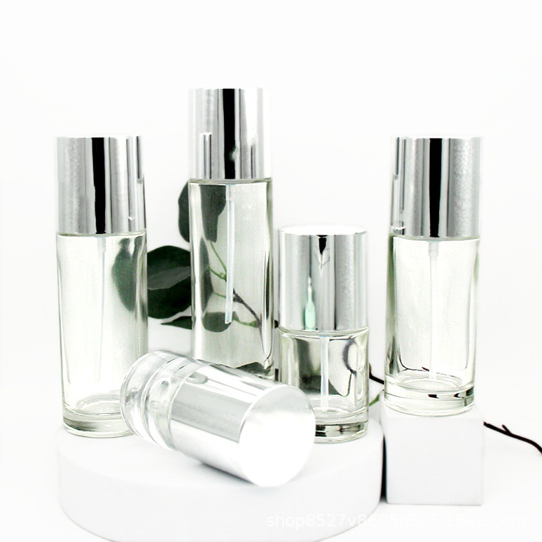 批发透明厚底直直圆玻璃瓶套装 玻璃瓶 双层盖乳液瓶 高端套装瓶