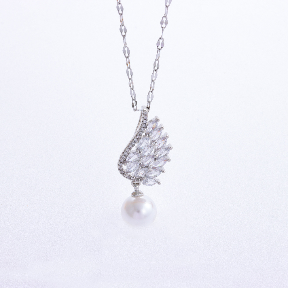 Mode retro temperament silber volle zirkonium feder fransen perle anhänger halskette ohrring set schmuck_voghion.com