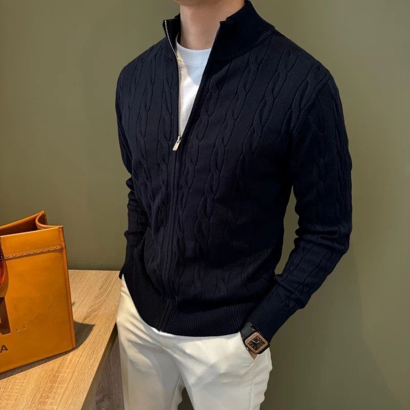 Men's Mercerized Cotton Half-Zip Twist Thickeneded New Autumn and Winter Woolen Sweater Loose Warm Knitted Cardigan Sweater for Men