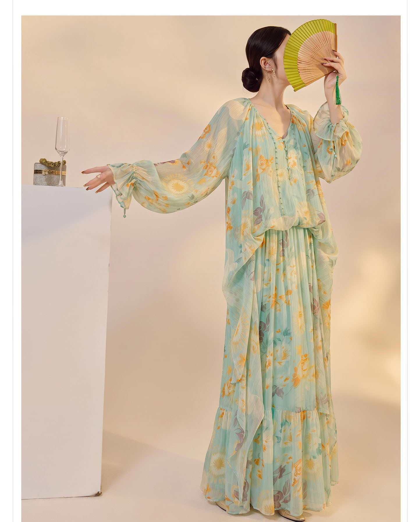 Váy maxi nữ phong cách Trung Quốc mới in họa tiết giả hai lớp thiết kế dáng dài mùa hè — Thiên Thanh chi tiết 8