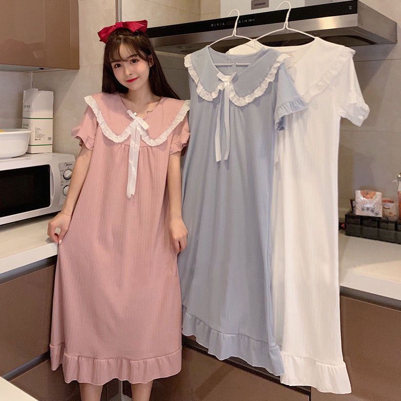 可爱日系甜美ins风长款睡裙女夏季短袖睡衣连衣裙家居服过膝长裙|undefined