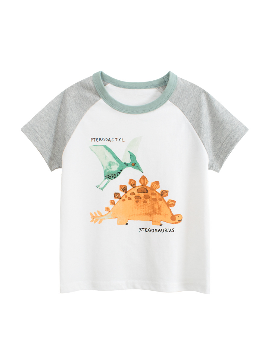 27kids comercio exterior ropa para niños verano nuevo estilo para niños camiseta de manga corta ropa de bebé para hombres top de dinosaurio de dibujos animados al por mayor