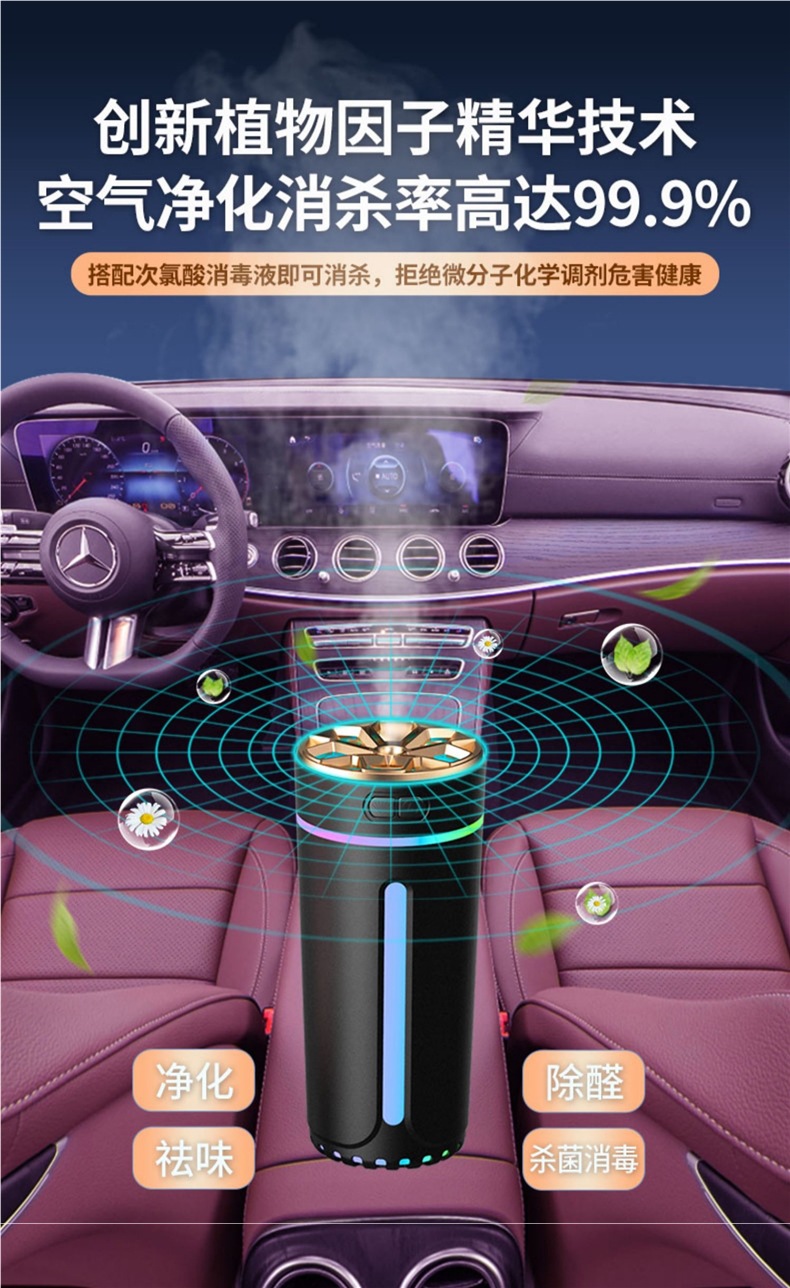 Smart Car Humidifier, Air Purifier, Aromatherapy Essential Oil, Car Odor Removal, Car Atmosphere Light, Perfume Oxygen Bar