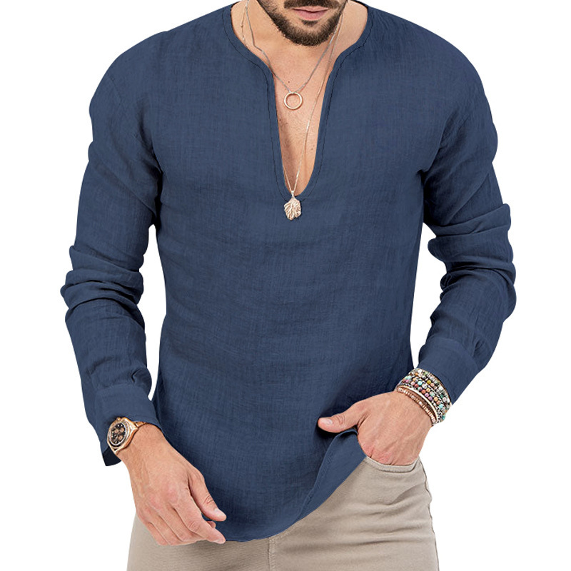 T-shirt homme casual coton lin col en v coupe oversized_voghion.com